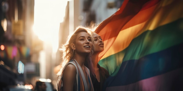 Dos amigas pasando el rato en la ciudad ondeando LGBT con la bandera del orgullo IA generativa