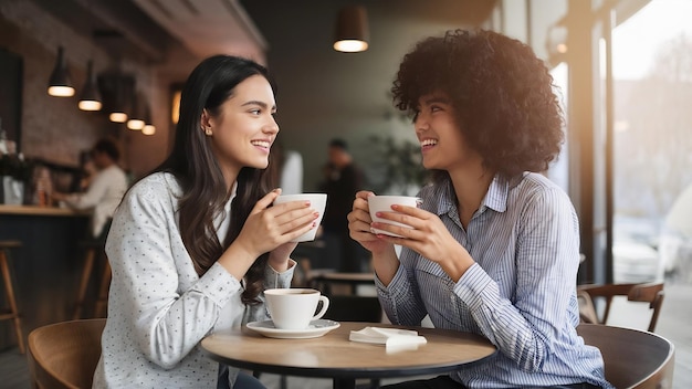 Dos amigas sentadas dentro de una cafetería y tomando café