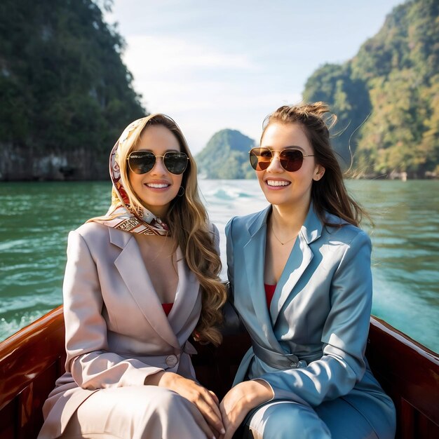 Dos amigas turistas bloggers mujeres felices en traje de seda y bufanda y gafas de sol en viajes de vacaciones ar