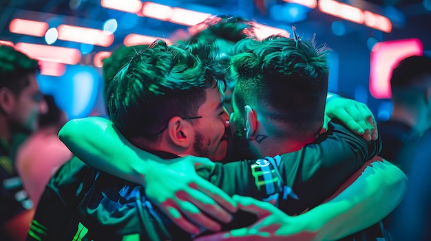 Foto dos amigos abrazándose en celebración ambos sonriendo y pareciendo felices están rodeados por un fondo colorido