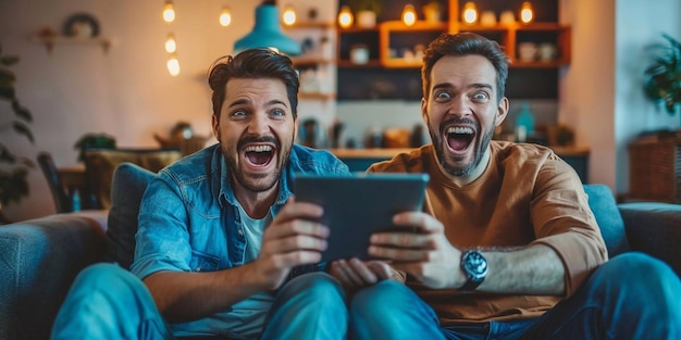 Dos amigos africanos alegres jugando juegos en la tableta celebrando