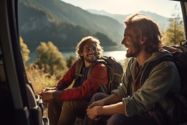 Dos amigos en automóvil conduciendo por la carretera con palmeras de viaje por carretera alrededor de AI Generative