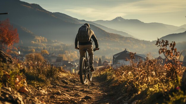 Dos amigos en bicicleta con mochilas en una montaña roadgenerative ai