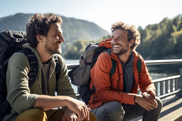 Dos amigos caminando por las montañas hablando y riendo IA generativa