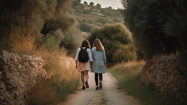 Dos amigos caminando por un sendero panorámico