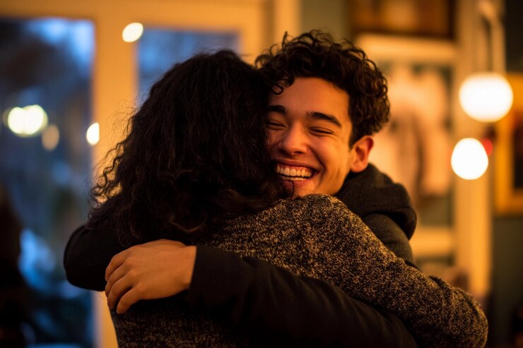 Dos amigos comparten un abrazo alegre dentro de un acogedor café durante las horas de la noche IA generativa