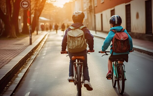 Dos amigos de la escuela con mochilas montando en bicicleta