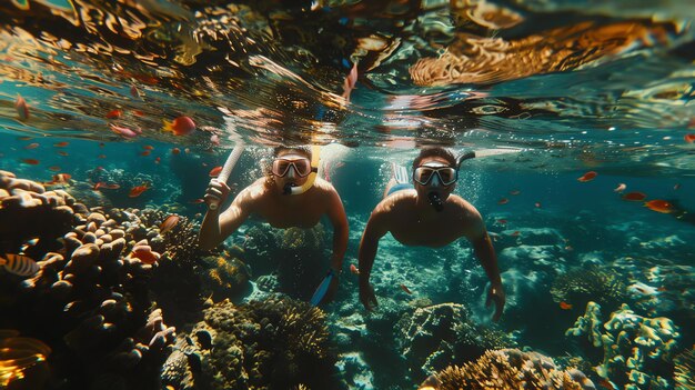 Dos amigos están buceando sobre un arrecife de coral el agua es clara y azul y el sol está brillando brillantemente