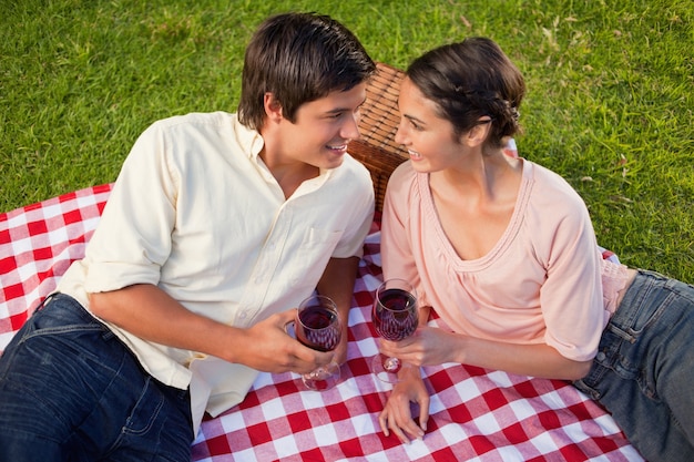 Dos amigos mirándose mientras sostiene vasos de vino durante un picnic