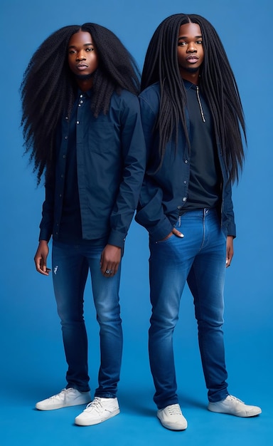 Dos amigos negros con ropa azul y cabello largo de cuerpo completo.