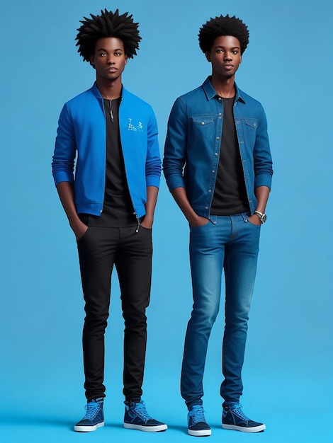 Dos amigos negros con ropa azul de cuerpo completo.