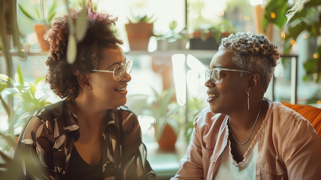 Dos amigos sentados en un café y hablando ambos sonriendo y usando gafas