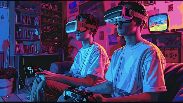 Dos amigos en una vibrante sala de juegos disfrutando de auriculares de realidad virtual una emocionante experiencia de juego con iluminación de neón espacio tecnológico IA