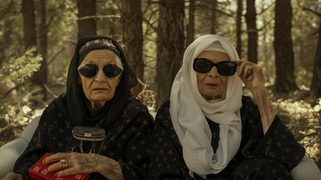 Foto dos ancianas gángsters con túnicas negras de louis vuitton y pañuelos blancos con gafas de sol