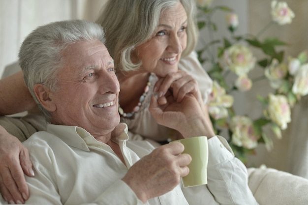 Dos ancianos sentados cerca del sofá con té