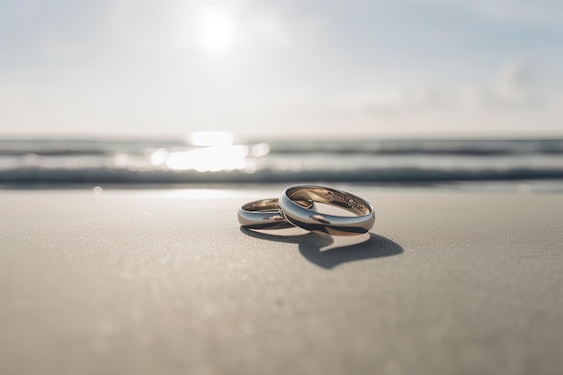 Dos anillos de boda en la arena en el fondo de una playa y un mar