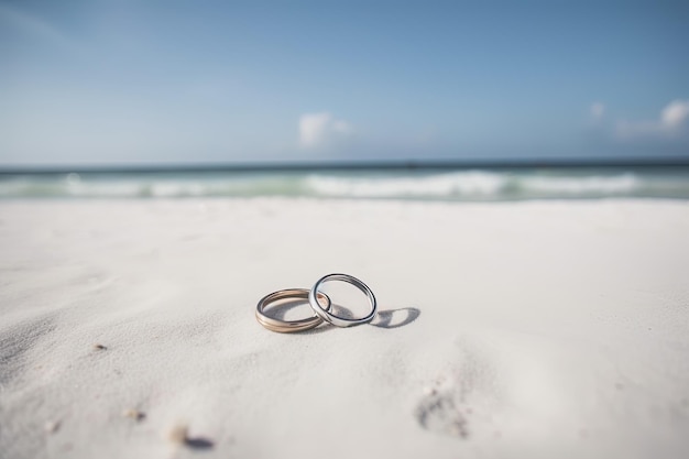 Dos anillos de boda en la arena en el fondo de una playa y un mar