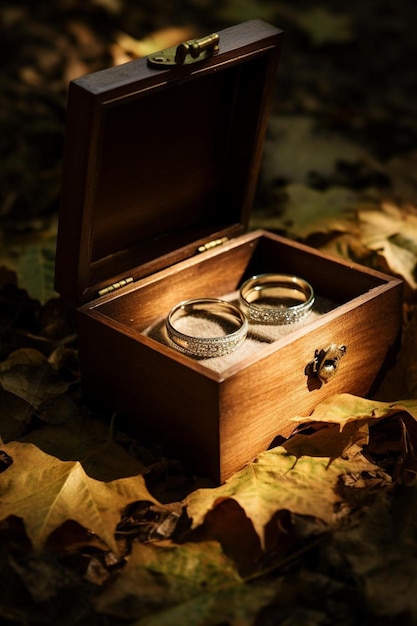 dos anillos de boda en una caja de madera en hojas