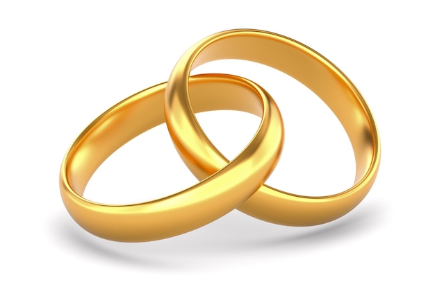 Dos anillos de boda dorados sobre fondo blanco. Ilustración 3D aislada