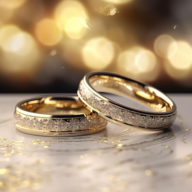 Dos anillos de boda están sobre una mesa con un fondo dorado.