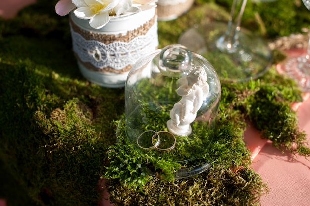 Dos anillos de boda de oro en una mesa debajo de un vaso de vidrio