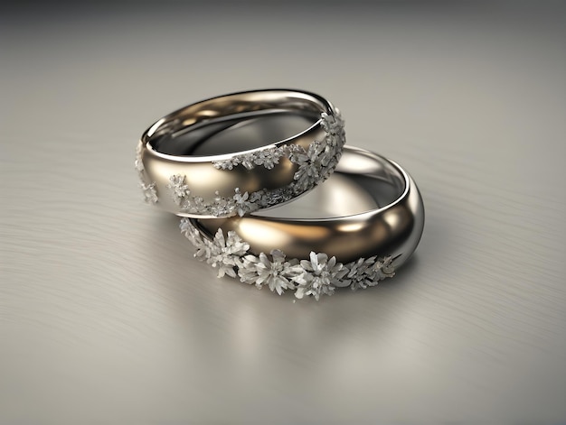 Dos anillos de boda realistas acompañados de flores capturados en un plano medio Generativo AI Generado