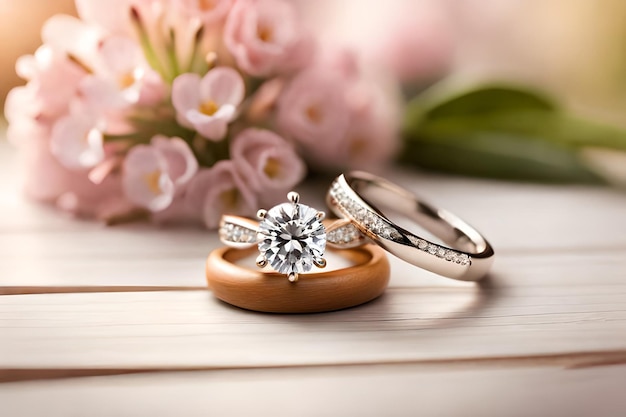 Dos anillos de boda en un soporte de anillo de madera con flores en el fondo.