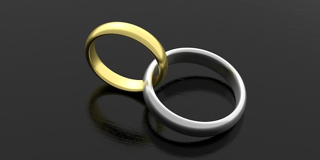 Dos anillos de boda unidos de plata aislados sobre fondo negro ilustración 3d