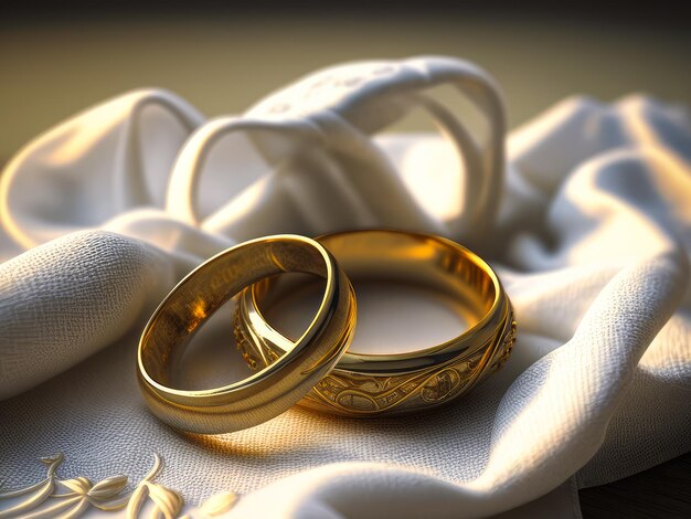 Dos anillos de bodas de oro se asientan sobre una tela blanca IA generativa