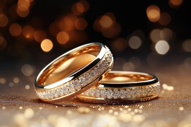 Dos anillos de bodas de oro en un fondo bokeh de primer plano Anillos de boda de diseñador en un fondo brillante Generado por IA