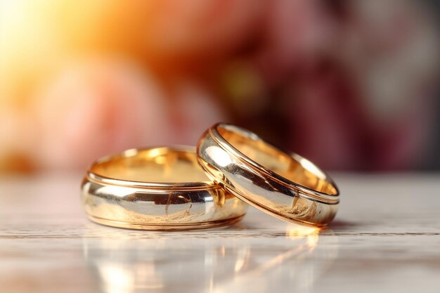 Dos anillos de bodas de oro en una superficie reflectante