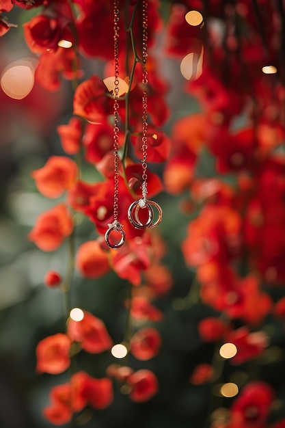 Dos anillos colgando de una rama roja Los anillos son de oro y tienen un diamante en el medio