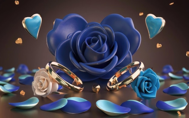 Dos anillos uno encima del otro y una rosa azul con un colgante de oro en forma de corazón dividido en dos