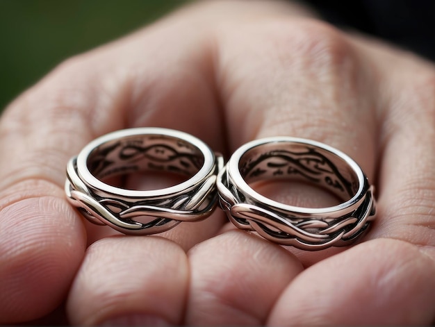 dos anillos se mantienen en la mano de una persona con un fondo verde y una persona con una mano