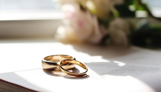 Foto dos anillos de oro con contrato para el concepto de matrimonio feliz y duradero vínculo de concepto de matrimonio