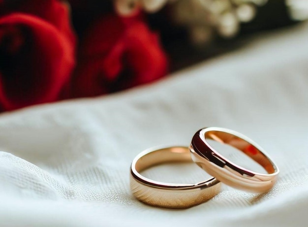 Dos anillos de oro descansan sobre una tela blanca con flores rojas en el fondo.