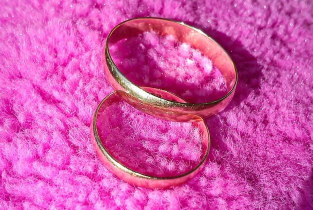 Foto dos anillos de oro masculinos y femeninos sobre un fondo peludo rosa