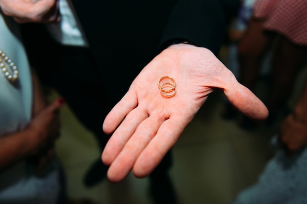 Dos anillos de oro en la palma de un hombre.