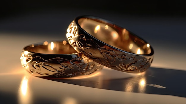 Dos anillos de oro sobre una mesa, uno de los cuales dice "el anillo de bodas".