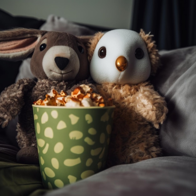 Dos animales de peluche sentados uno al lado del otro en una cama Imagen generativa de IA