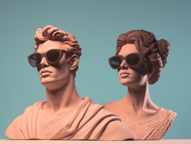 Dos antiguas estatuas de hombres y mujeres con gafas de sol.