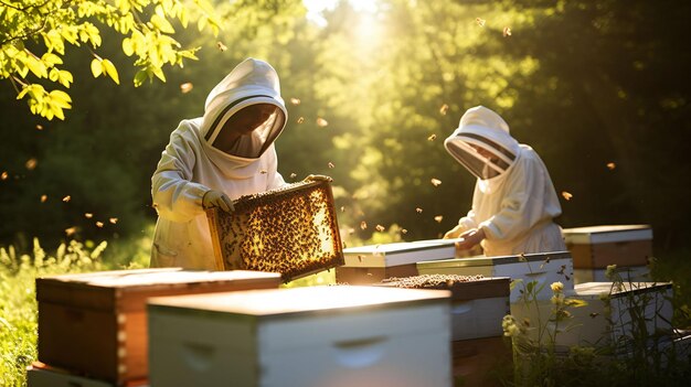 Foto dos apicultores recogiendo miel de una colmena llena de abejas