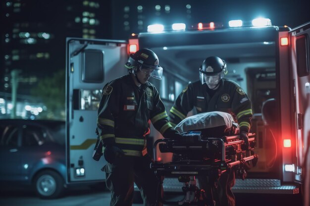 Dos apuestos socorristas de EMS cargando una ambulancia con una camilla