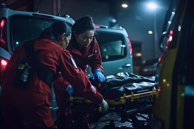 Dos apuestos socorristas de EMS cargando una ambulancia con una camilla