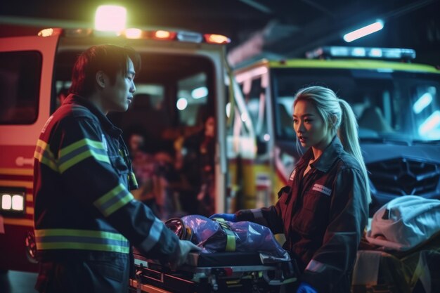 Foto dos apuestos socorristas de ems cargando una ambulancia con una camilla