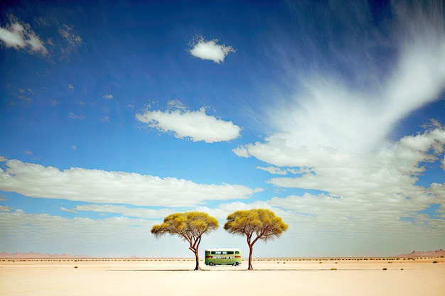 Foto dos árboles solitarios en el vasto desierto cerca de la carretera en la que los camiones p