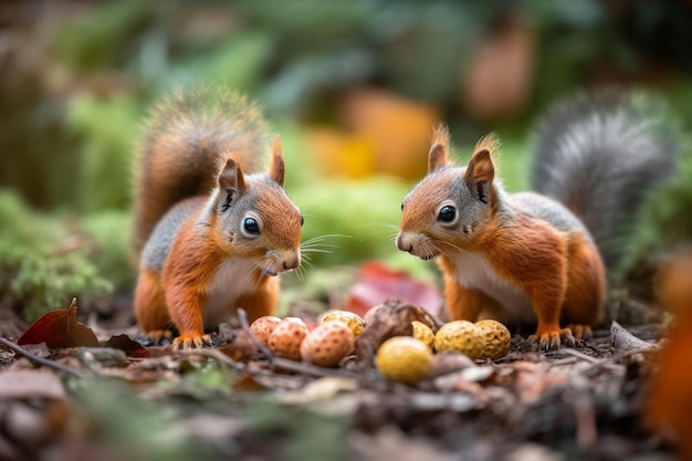 Dos ardillas comiendo huevos de Pascua en un jardín.