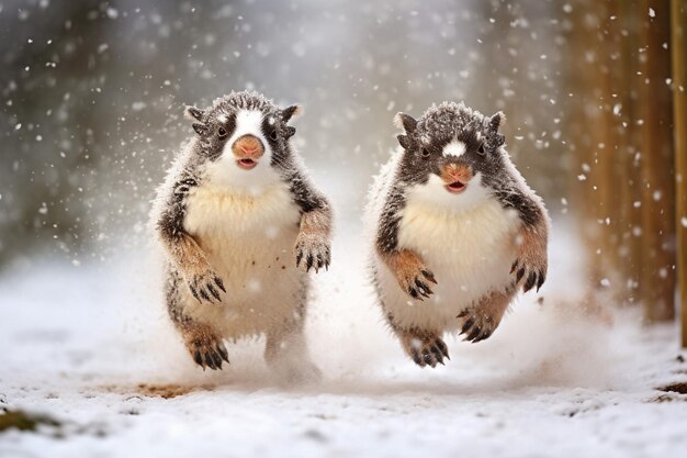 Dos ardillas están corriendo en la nieve una tiene a la otra en la cara