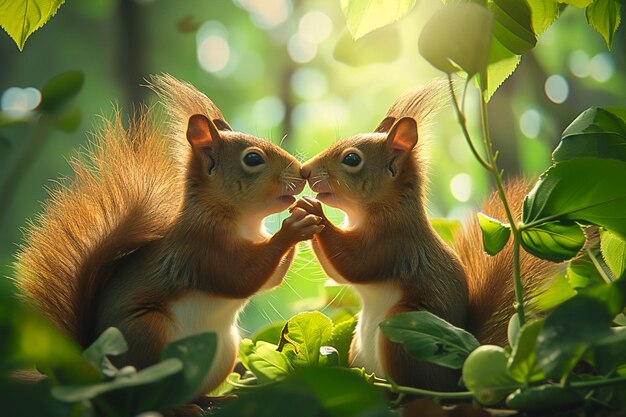 Foto dos ardillas que están de pie en la hierba juntos