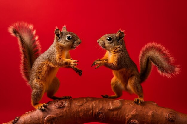 Foto dos ardillas en una rama con un fondo rojo